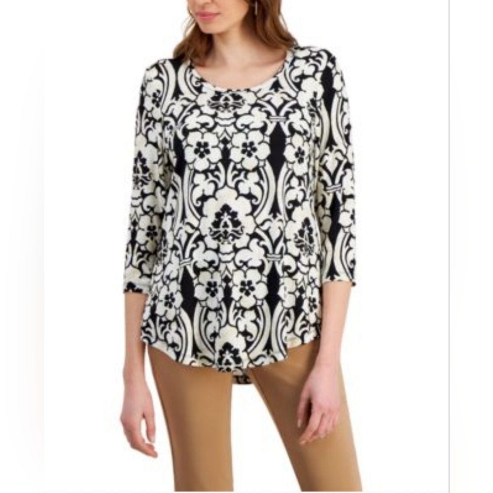 JM CollectionWomen's Printed Knit 3/4-Sleeve Top, Black, Tan, & White